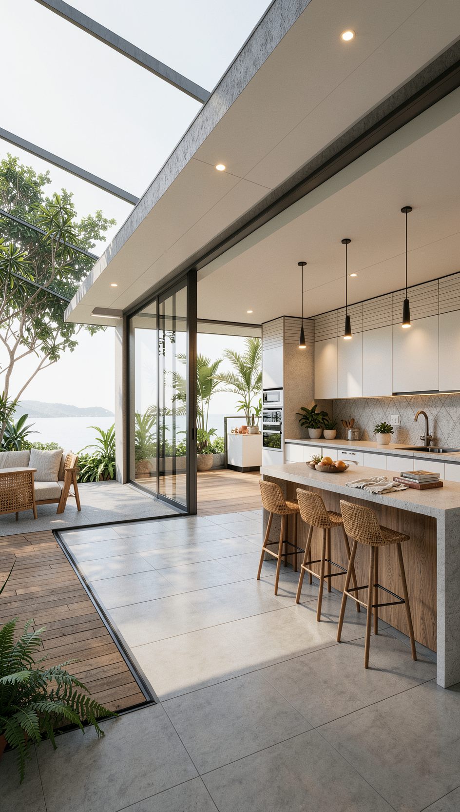Kitchen rendered by Realize AI, Tropical modern style, bright day